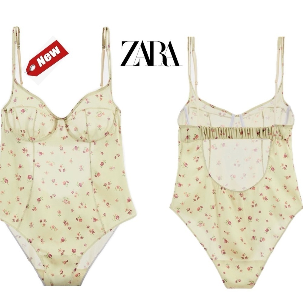 Zara light yellow satin spaghetti strap sweetheart neckline floral bodysuit NWT